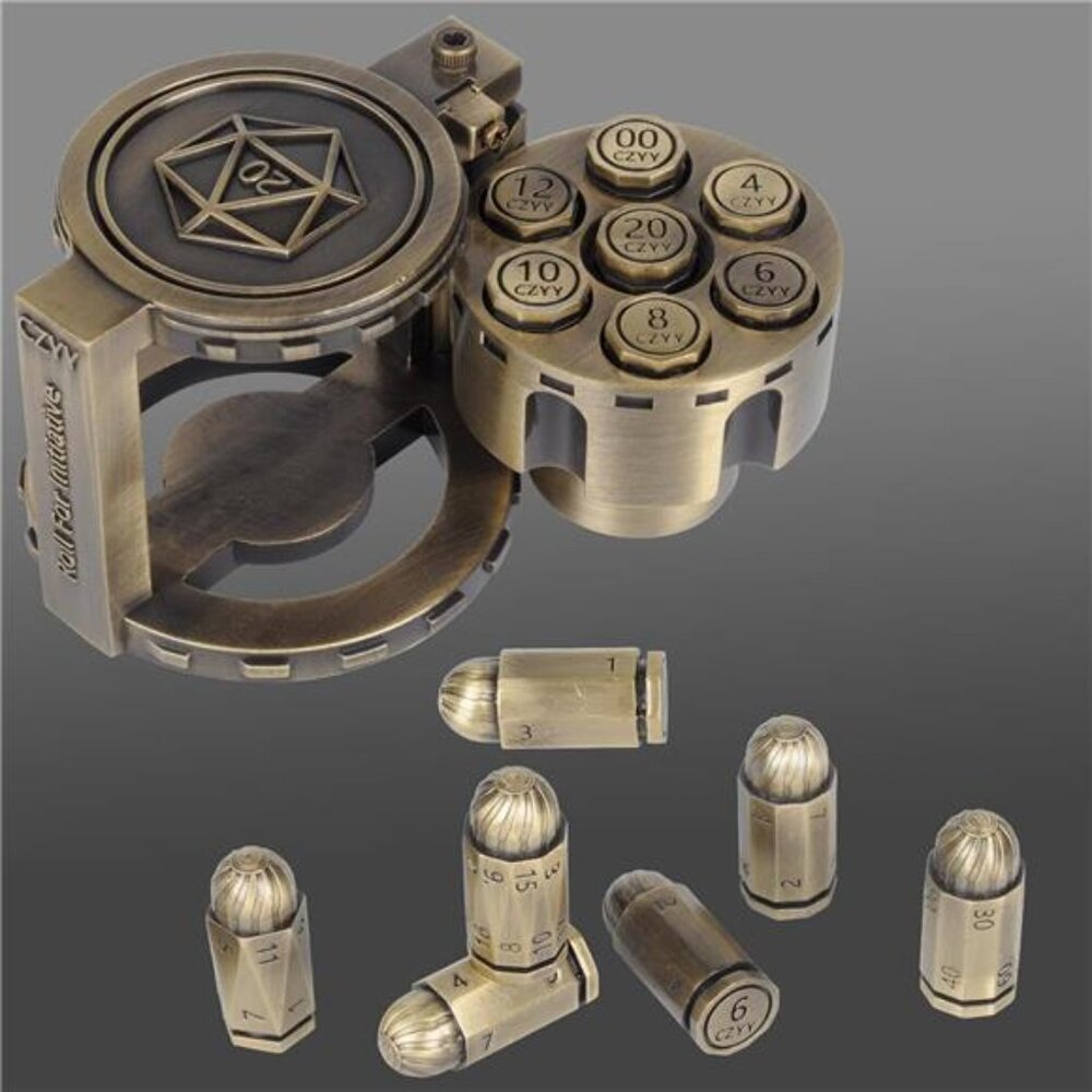 Metal Polyhedral Bullet Dice Set of 7 with Spinning Revolver Cylinder Container